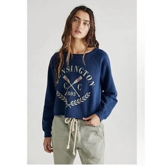 Free People Retro Brand Blue Kensington Crew Sweatshirt Pullover Size XS NWT - Picture 1 of 5